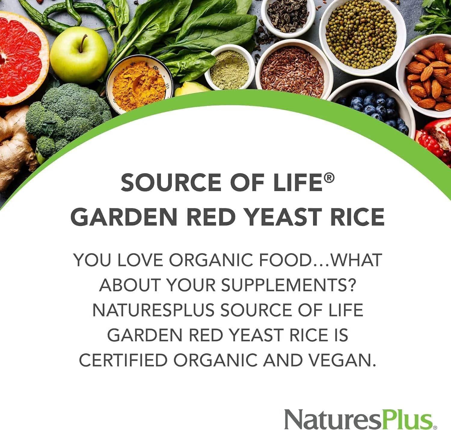 NaturesPlus Source of Life Garden Red Yeast Rice 600mg 60 Vegan Capsules Certified Organic Non-GMO Gluten-Free Food Supplement