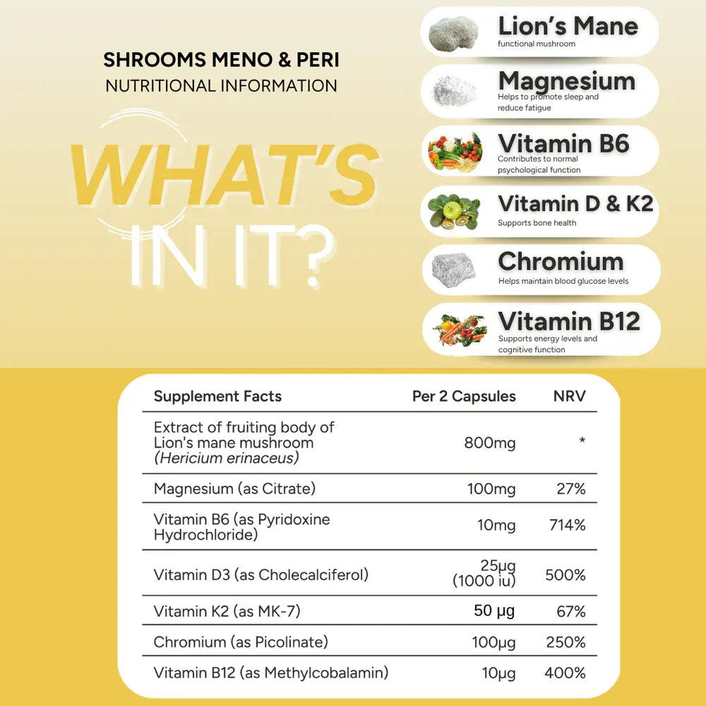 fabü SHROOMS Meno & Peri Capsules - 60 Capsules, Vitamins & Minerals with Lion's Mane Mushroom for Menopause & Perimenopause Support