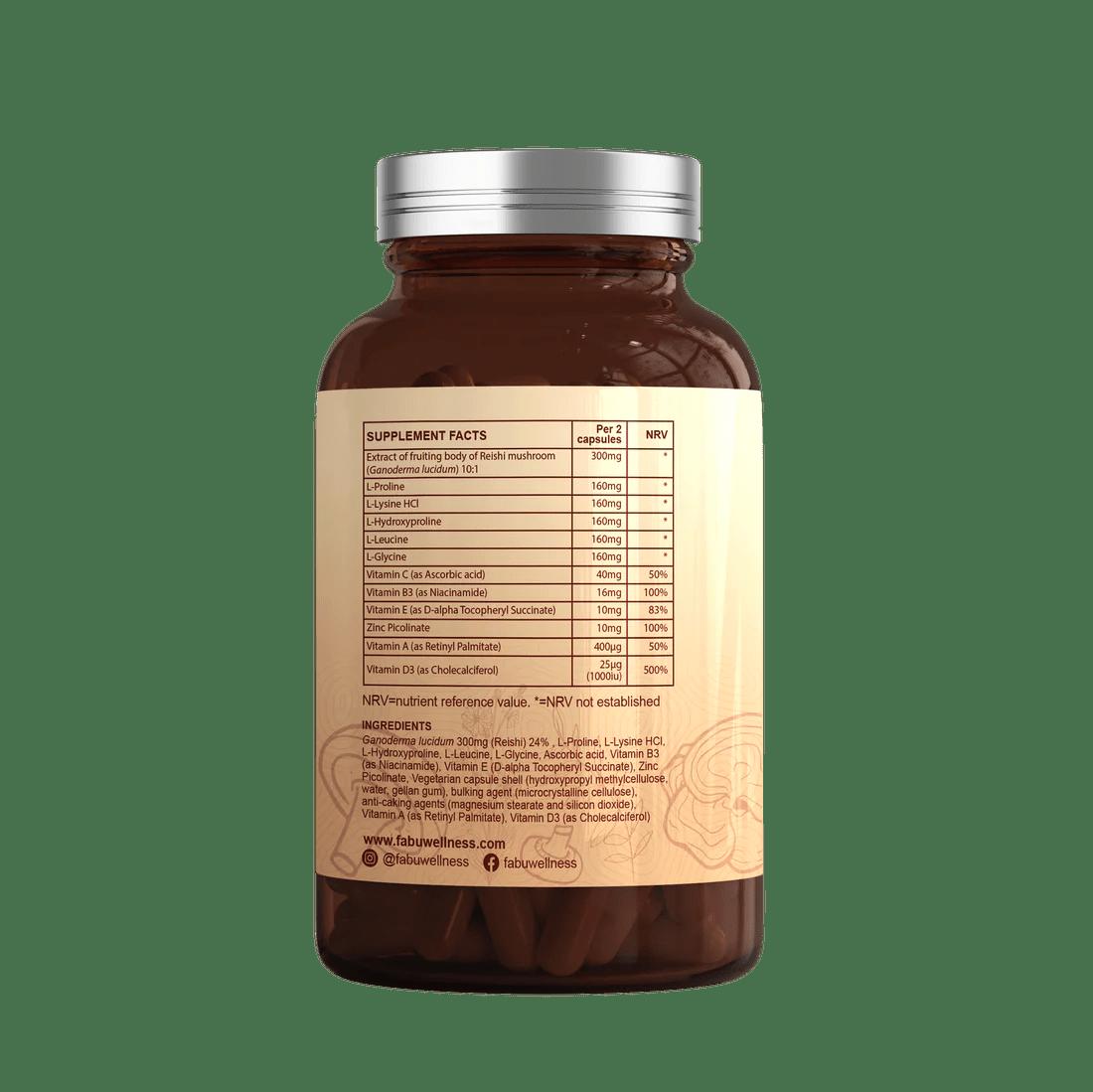FabU Skin Glow Supplement with Reishi Mushroom, Vitamins, Amino Acids & Zinc - 60 Capsules