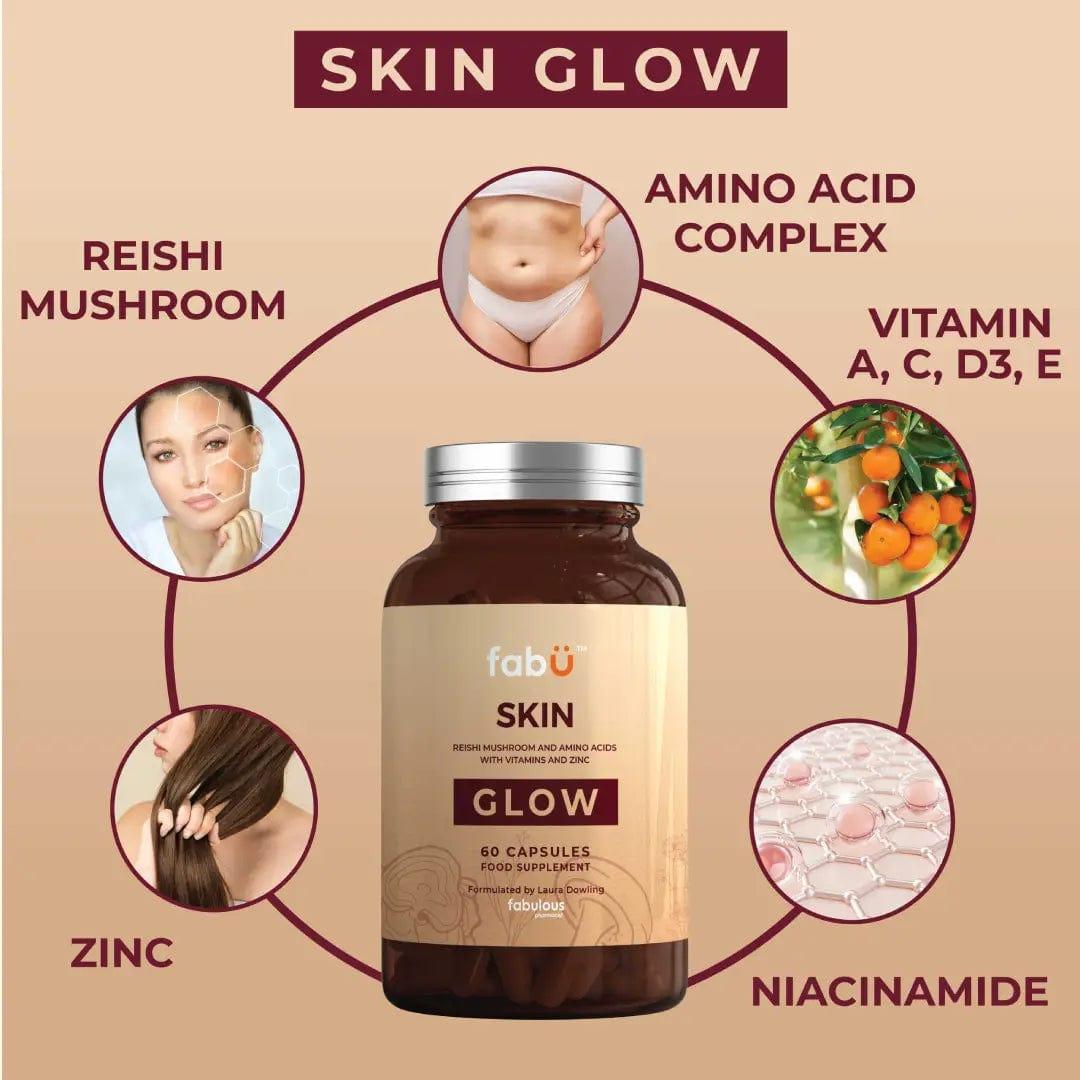 FabU Skin Glow Supplement with Reishi Mushroom, Vitamins, Amino Acids & Zinc - 60 Capsules
