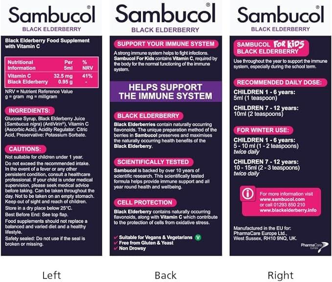 Sambucol Liquid For Kids with Vitamin C, Black Elderberry, 1-12 Years, 120ml, Helps Support the Immune System, Image Features: Vitamin C, 1-12 Years, Liquid, Black Elderberry