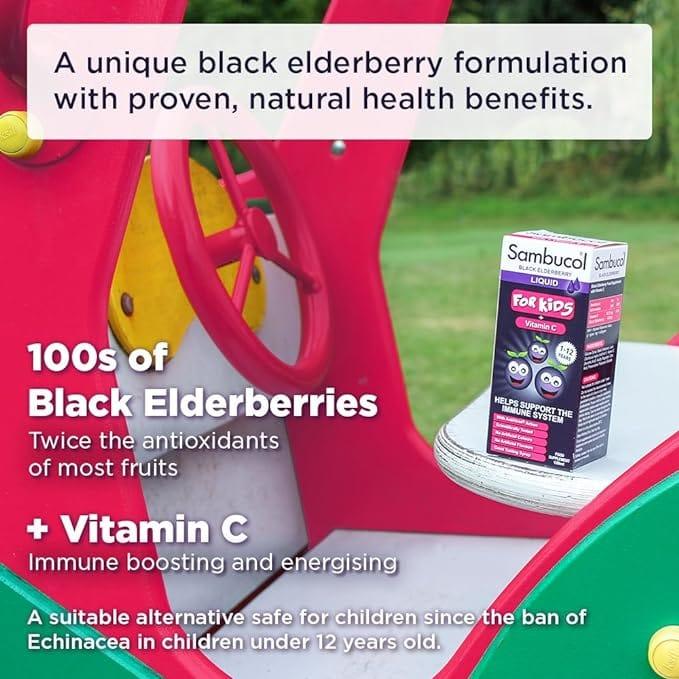 Sambucol Liquid For Kids with Vitamin C Black Elderberry Food Supplement 230ml Supports Immune System No Artificial Colours Flavours