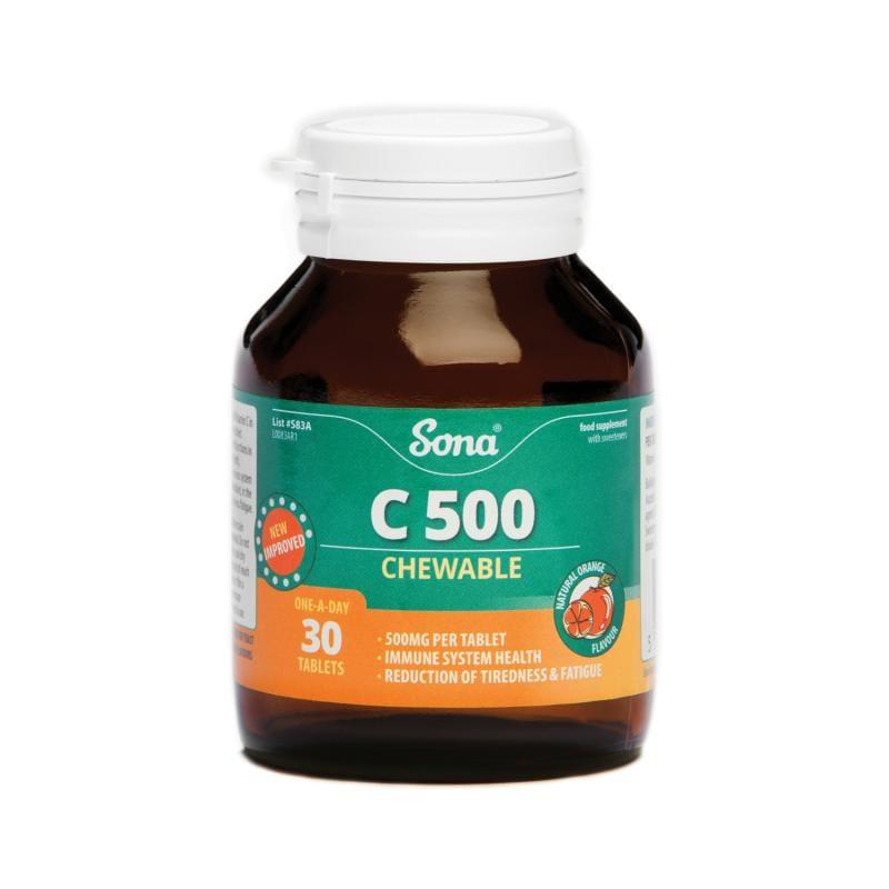 Sona C 500 Chewable Tablets 30 Pack - Orange Flavor - Immune System Health & Reduction of Tiredness & Fatigue