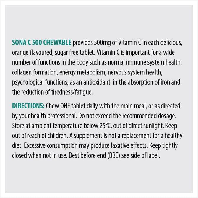 Sona C 500 Chewable Tablets 30 Pack - Orange Flavor - Immune System Health & Reduction of Tiredness & Fatigue