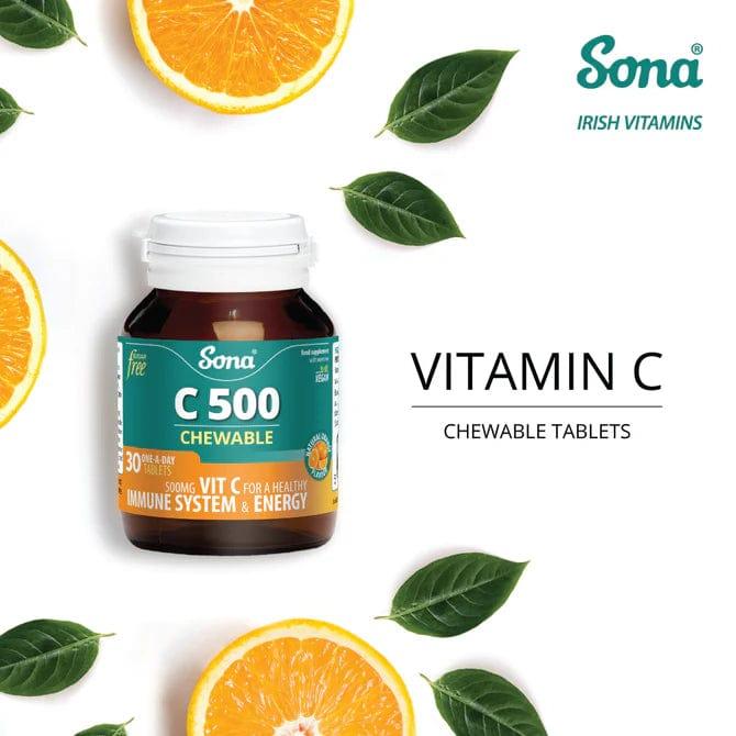 Sona C 500 Chewable Tablets 30 Pack - Orange Flavor - Immune System Health & Reduction of Tiredness & Fatigue