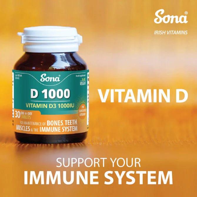 Sona D1000 Vitamin D3 1000IU 30 Tablets - Vegan, Sunshine Vitamin, Bones, Teeth, Muscles, Immune System, One-A-Day