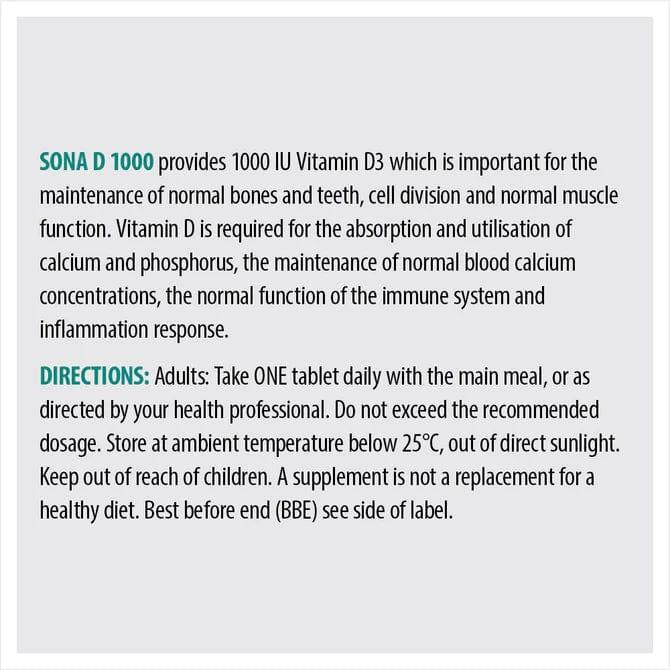 Sona D1000 Vitamin D3 1000IU 30 Tablets - Vegan, Sunshine Vitamin, Bones, Teeth, Muscles, Immune System, One-A-Day