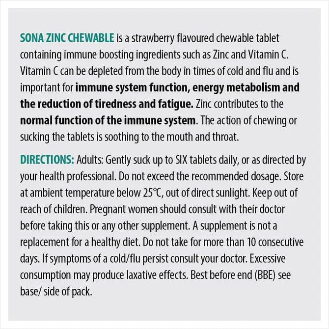 Sona Zinc Chewable Tablets 24 Pack Strawberry Flavor Immune Boosting Sugar Free Soothing to the Throat