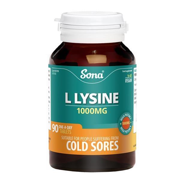 Sona L Lysine 1000mg Tablets 90 Pack for Cold Sores - High Potency