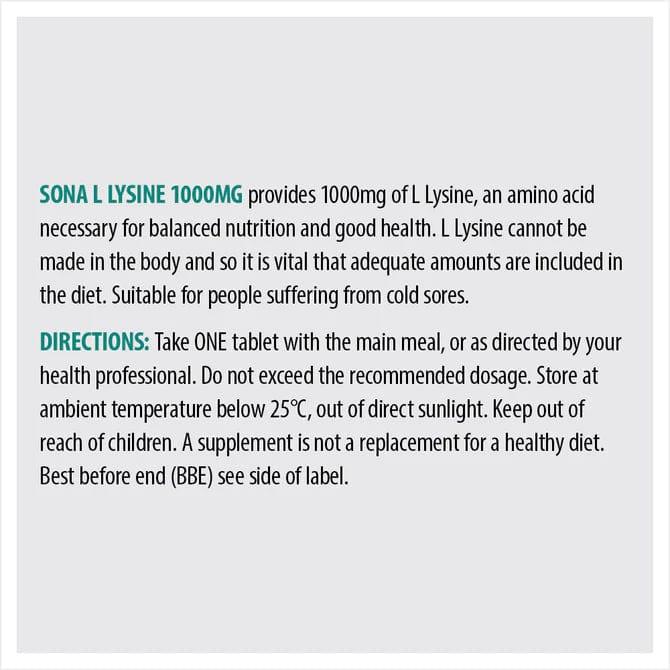 Sona L Lysine 1000mg Tablets 90 Pack for Cold Sores - High Potency