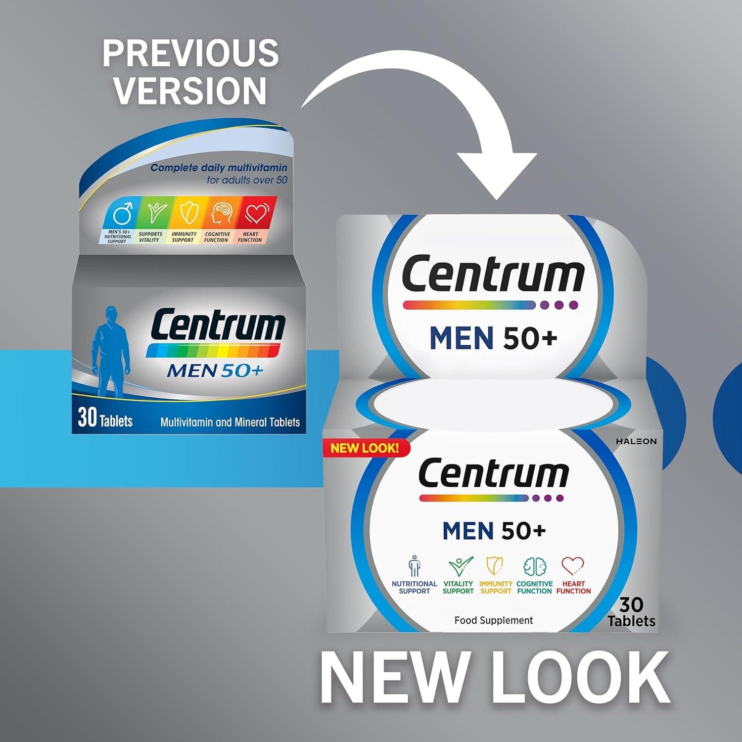 Centrum Men 50+ Multivitamin 30 Tablets - Supports Vitality, Immunity, Cognitive Function, Heart Function