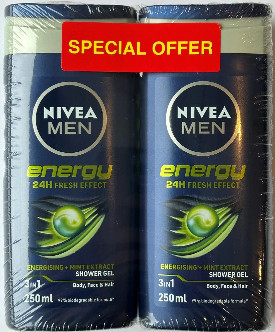 Nivea Men Energy 3-in-1 Shower Gel Energising Mint 24H Fresh Effect Size 250ml x 2