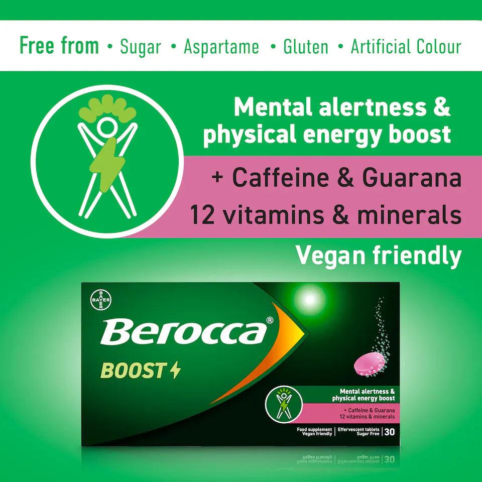 Berocca Boost Effervescent Tablets 30 Pack Cherry Flavor - Vitamins & Minerals, Caffeine, Guarana, Alertness, Energy