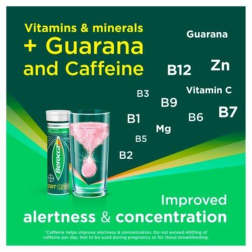 Berocca Boost Effervescent Tablets 30 Pack Cherry Flavor - Vitamins & Minerals, Caffeine, Guarana, Alertness, Energy