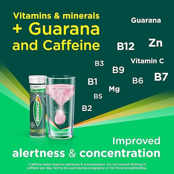 Berocca Boost Effervescent Tablets 30 Pack Cherry Flavor - Vitamins & Minerals, Caffeine, Guarana, Alertness, Energy