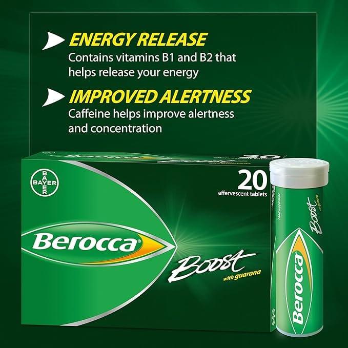 Berocca Boost Effervescent Tablets 30 Pack Cherry Flavor - Vitamins & Minerals, Caffeine, Guarana, Alertness, Energy