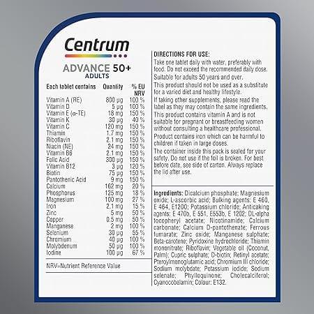 Centrum Advance 50+ Multivitamin Tablets 30s for Adults - Vitality, Bone, Immunity, Cognitive, Eye Support