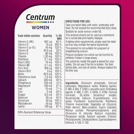 Centrum Women Multivitamin 30 Tablets - Complete daily multivitamin for women's nutritional needs. Supports immunity, hair, skin & nails. Contains Vitamin D. 