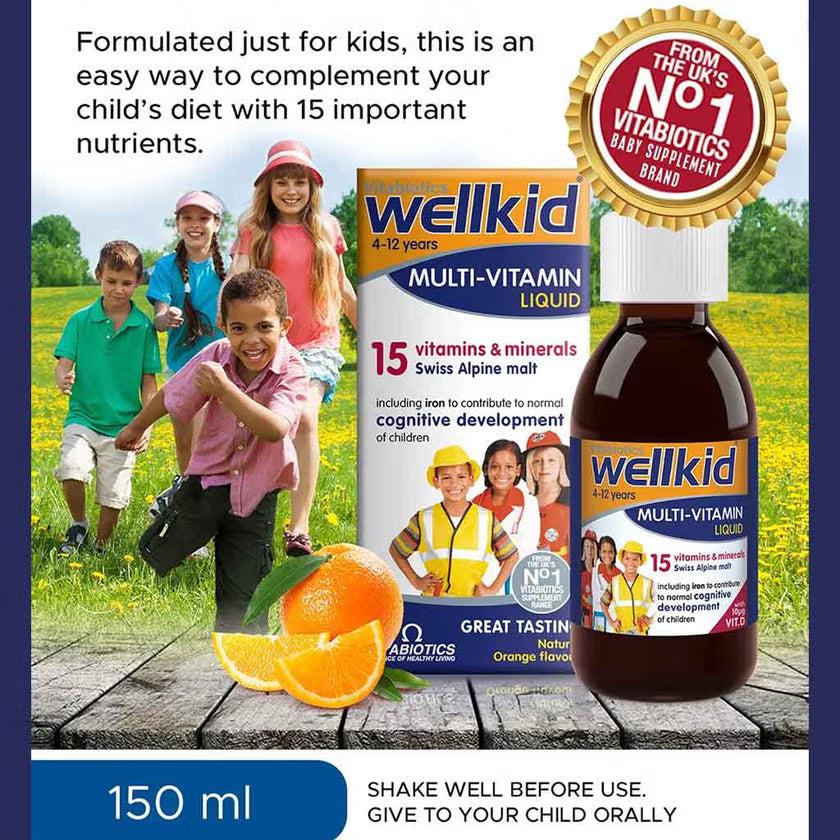 Vitabiotics Wellkid MultiVitamin Liquid 150ml - 15 Vitamins & Minerals, Orange Flavour for Children
