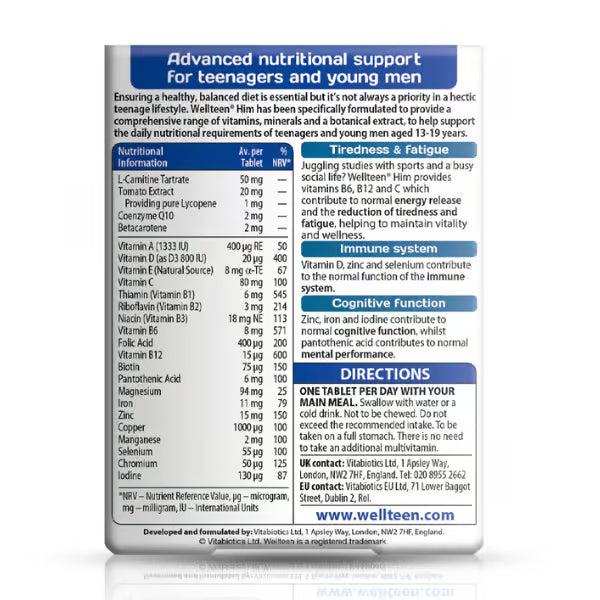 Vitabiotics Wellteen For Him Tablets, 24 Nutrients, Vitality & Wellness, Reduce Tiredness & Fatigue