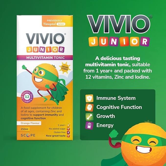 VIVIO Junior Multivitamin Tonic Orange Flavor 250ml - Zinc, Iodine, 12 Vitamins, No added sugar, Gluten free