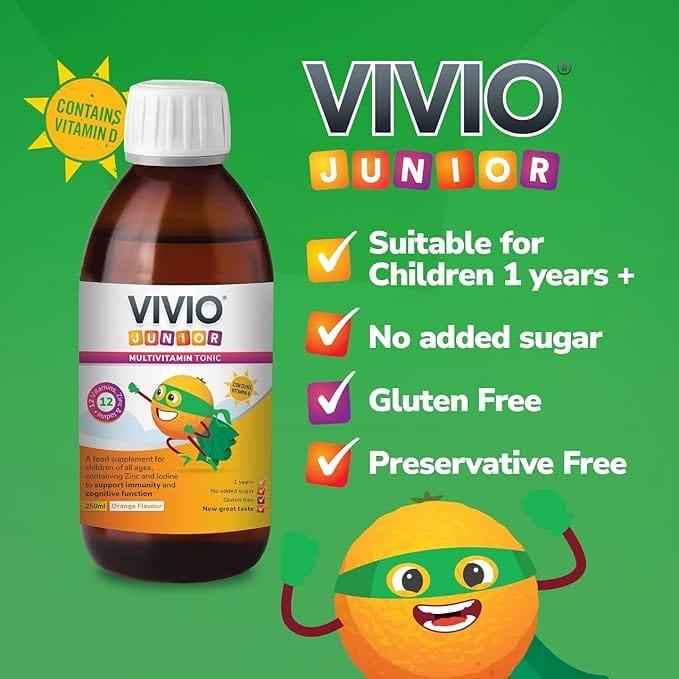 VIVIO Junior Multivitamin Tonic Orange Flavor 250ml - Zinc, Iodine, 12 Vitamins, No added sugar, Gluten free
