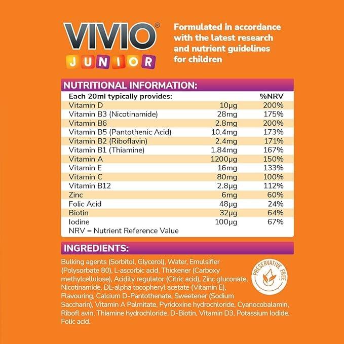 VIVIO Junior Multivitamin Tonic Orange Flavor 250ml - Zinc, Iodine, 12 Vitamins, No added sugar, Gluten free
