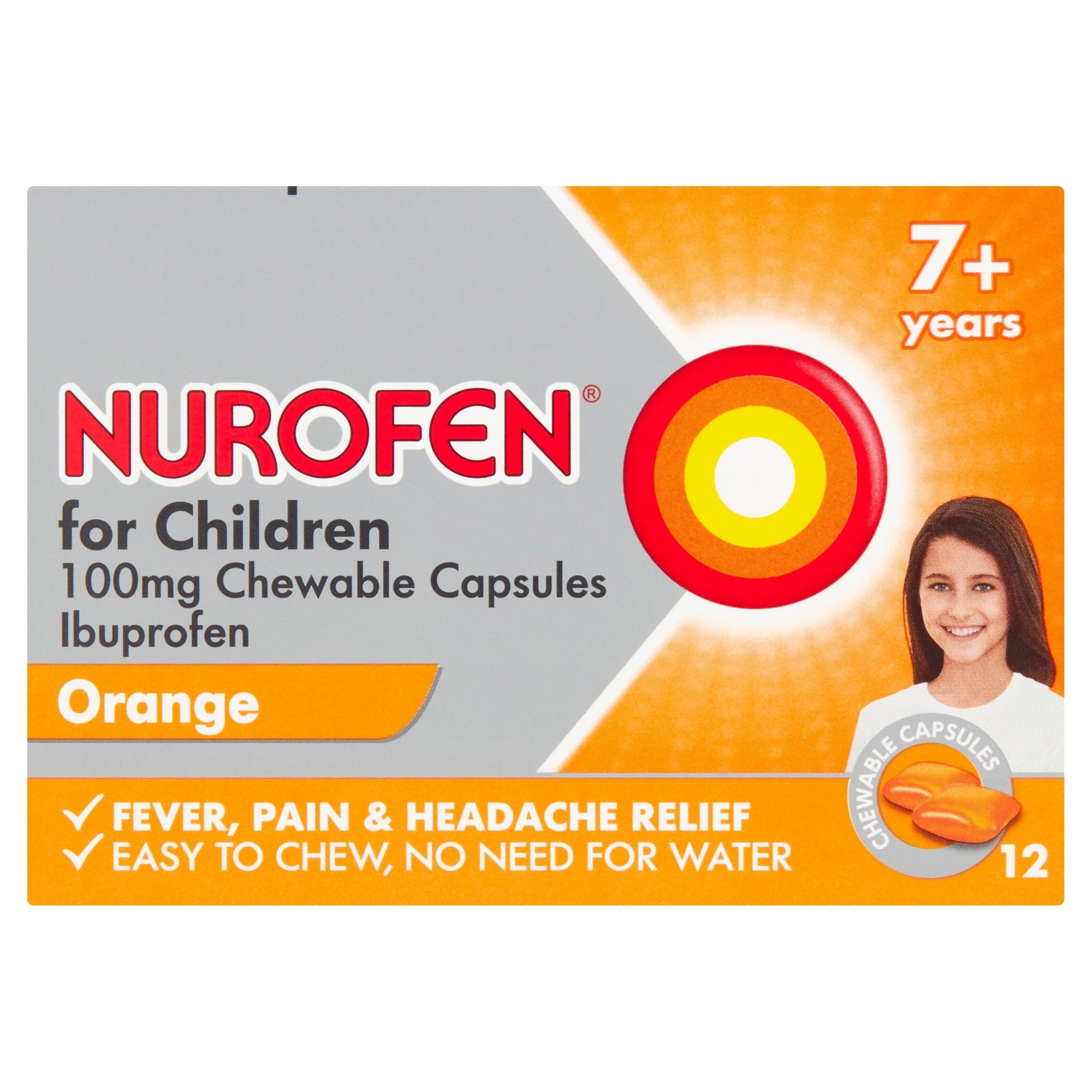 Nurofen Children 100mg Chewable Capsules Orange 7+ Years Ibuprofen 12 Pack Fever, Pain, Headache Relief Easy to Chew