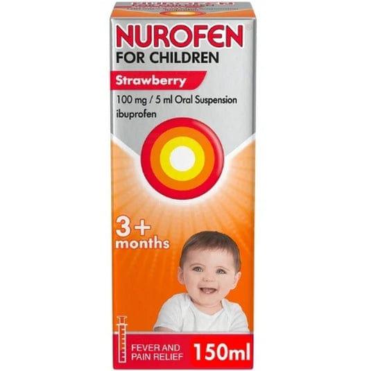 Nurofen for Children Strawberry Oral Suspension 100mg/5ml 150ml - Fever and Pain Relief, with dosing syringe, 3+ months