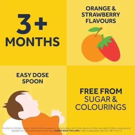 Nurofen for Children Strawberry Oral Suspension 100mg/5ml 150ml - Fever and Pain Relief, with dosing syringe, 3+ months