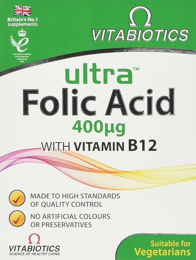 Vitabiotics Ultra Folic Acid Tablets 60 Tablets 400mcg with Vitamin B12 - Suitable for Vegetarians