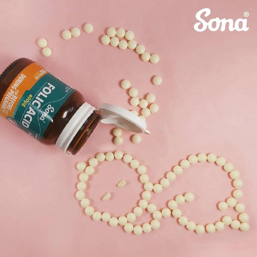 Sona Folic Acid 400mcg Tablets 90 Pack - For Before & During Pregnancy - Vegan