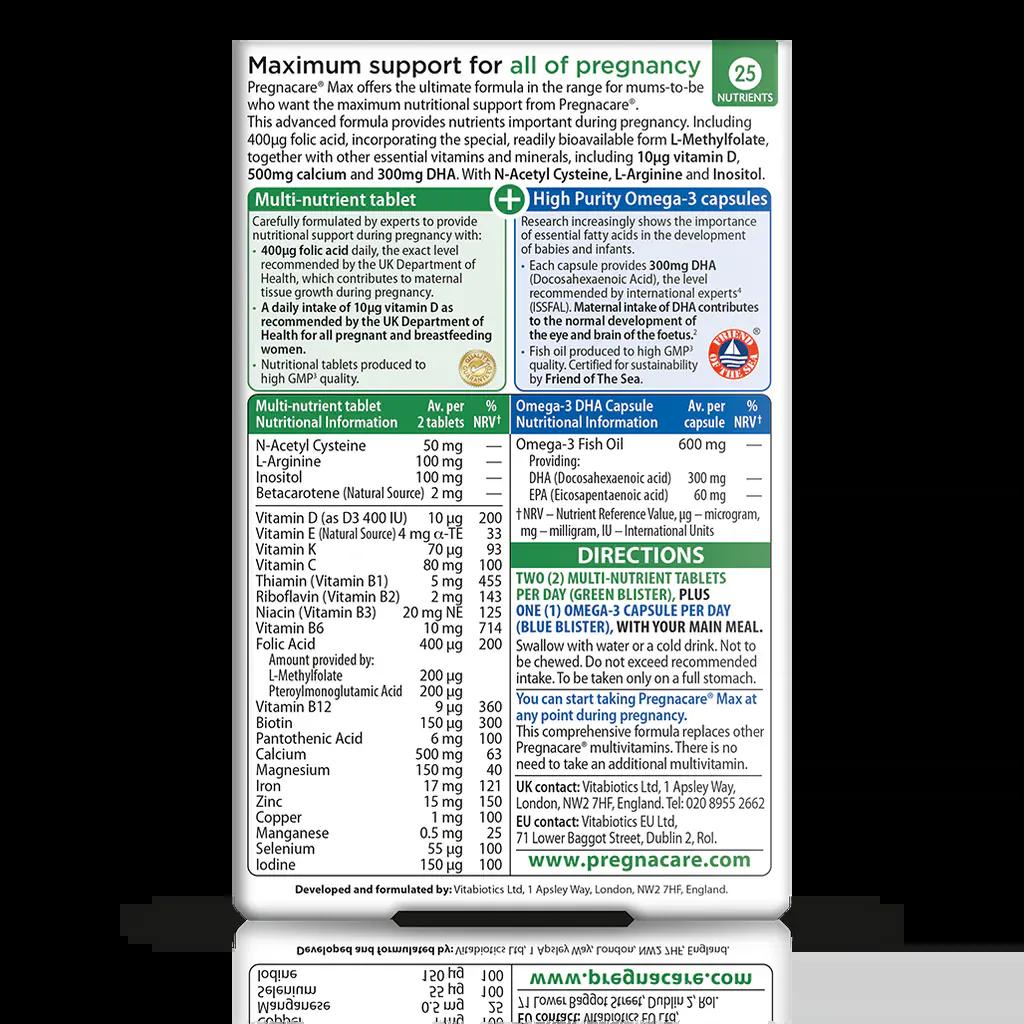Vitabiotics Pregnacare Max Pregnancy Supplement with Folic Acid, Calcium, L-Methylfolate, Vitamin D, Omega-3 DHA