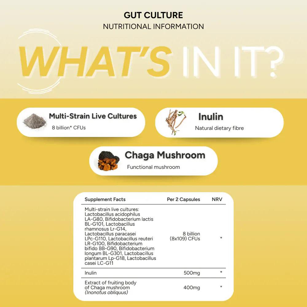 FabU Gut Culture 60 Capsules - Multi-strain Bacteria, Inulin & Chaga Mushrooms - 8 Billion Live Cultures