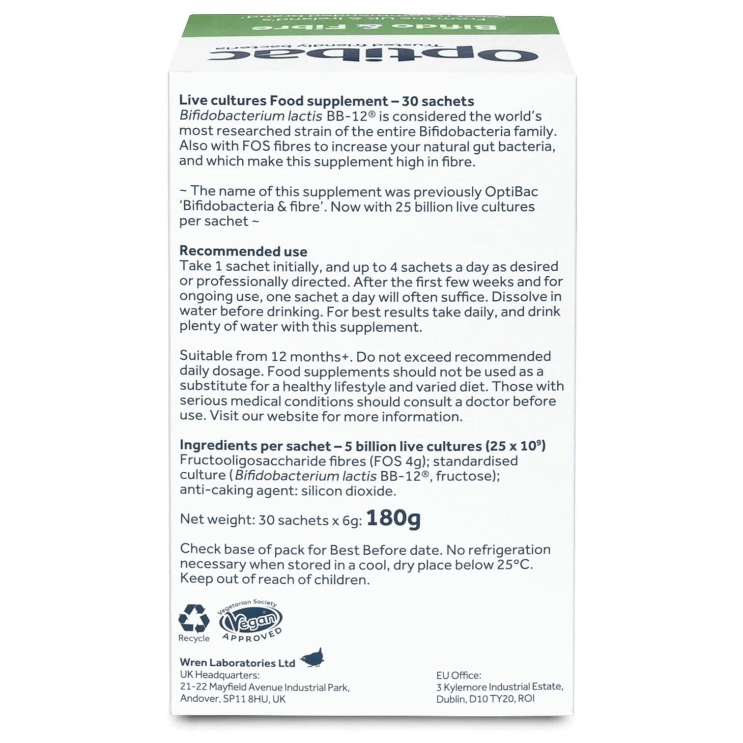 Optibac Bifido & Fibre Digestive Supplement - High in Fibre, 25 Billion live cultures, Gluten free, Soy free, Vegan, No dairy