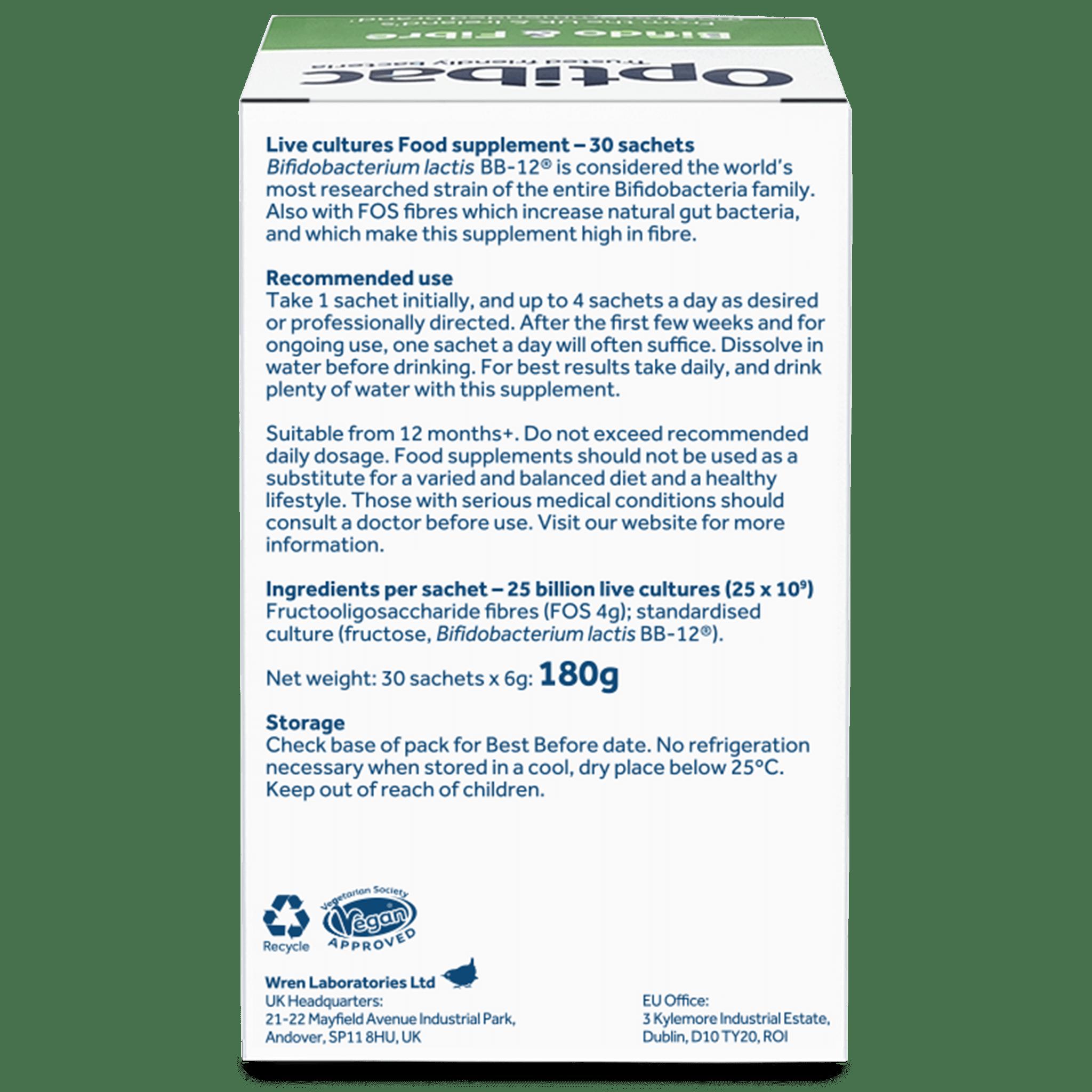 Optibac Bifido & Fibre Digestive Supplement - High in Fibre, 25 Billion live cultures, Gluten free, Soy free, Vegan, No dairy