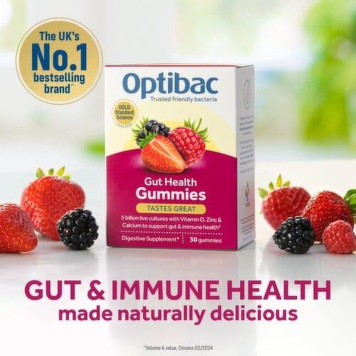 OptiBac Adult Gummies 30 Pack - Mixed Berry Flavor for Gut & Immune Health with Vitamin D, Zinc, Calcium & FOS fibers