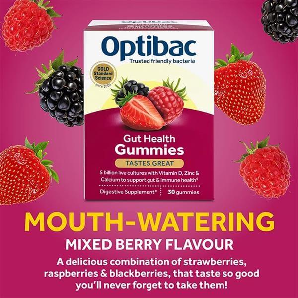 OptiBac Adult Gummies 30 Pack - Mixed Berry Flavor for Gut & Immune Health with Vitamin D, Zinc, Calcium & FOS fibers