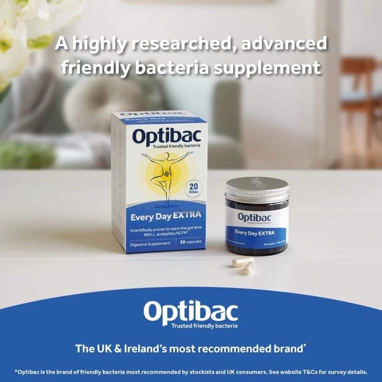 Optibac Every Day EXTRA Probiotics 20 Billion CFU 30 Capsules | Vegan, Dairy Free, Gluten Free | Digestive & Immune Support | Image Features: Vegan, Dairy free, Gluten free, GMO free, Free from artificial colours, 30 capsules