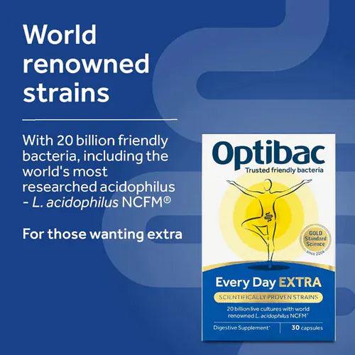 Optibac Every Day EXTRA Probiotics 20 Billion CFU 30 Capsules | Vegan, Dairy Free, Gluten Free | Digestive & Immune Support | Image Features: Vegan, Dairy free, Gluten free, GMO free, Free from artificial colours, 30 capsules