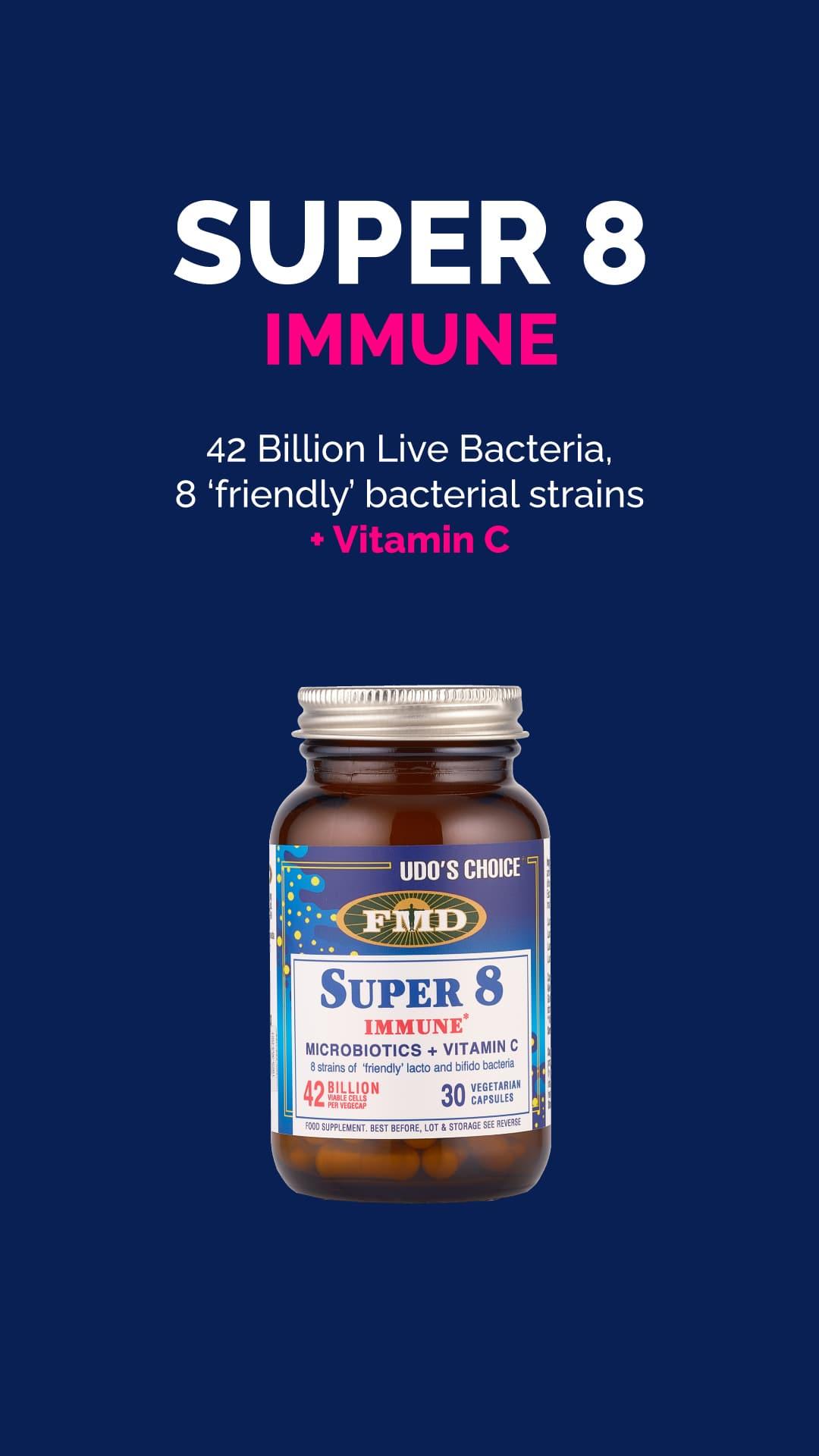 Udo's Choice Super 8 Immune Probiotics + Vitamin C 30 Capsules