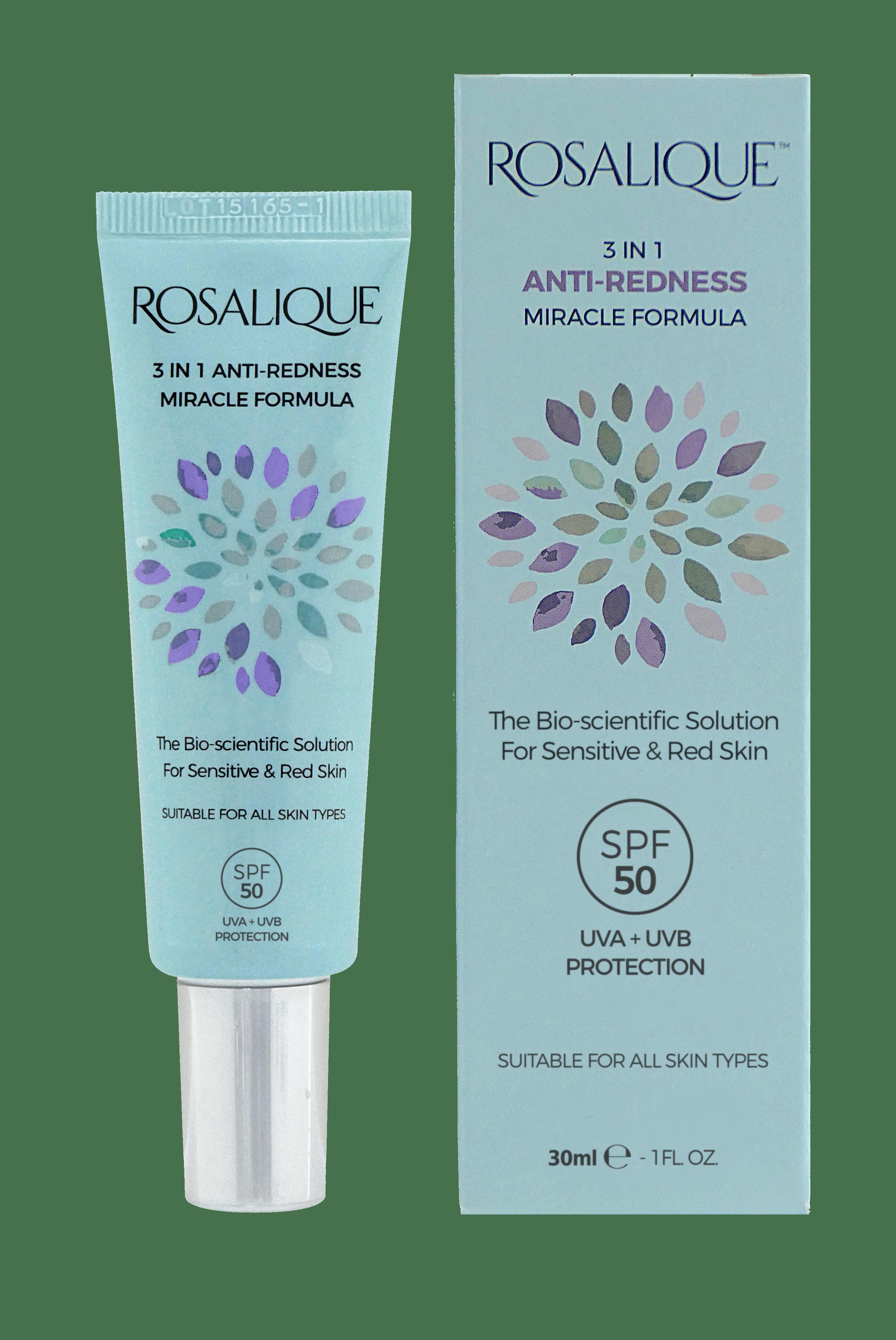 Rosalique 3-in-1 Miracle Formula SPF50 30ml Anti-Redness Skin Care Conceals Redness, UVA + UVB Protection, Dermatologically Tested, For All Skin Types