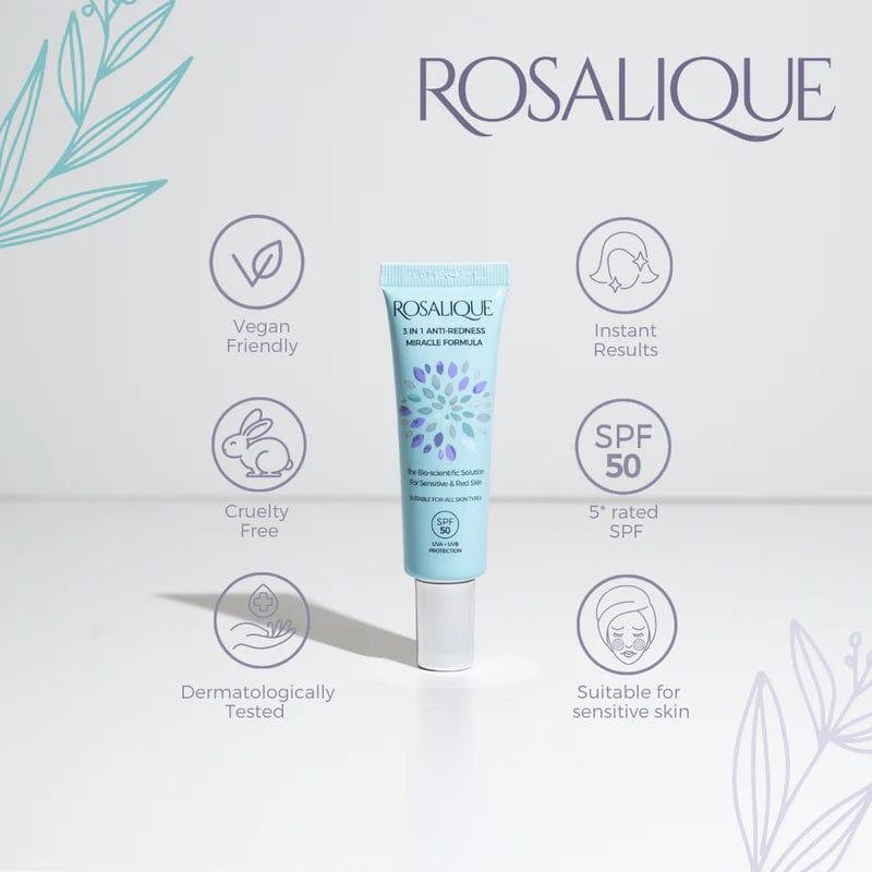 Rosalique 3-in-1 Miracle Formula SPF50 30ml Anti-Redness Skin Care Conceals Redness, UVA + UVB Protection, Dermatologically Tested, For All Skin Types