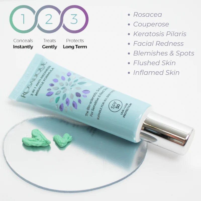 Rosalique 3-in-1 Miracle Formula SPF50 30ml Anti-Redness Skin Care Conceals Redness, UVA + UVB Protection, Dermatologically Tested, For All Skin Types