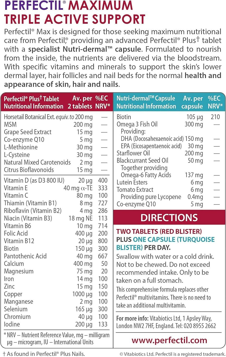 Vitabiotics Perfectil Max Tablets & Capsules 84 Pack for Skin, Hair, Nails with Biotin, Zinc, Selenium