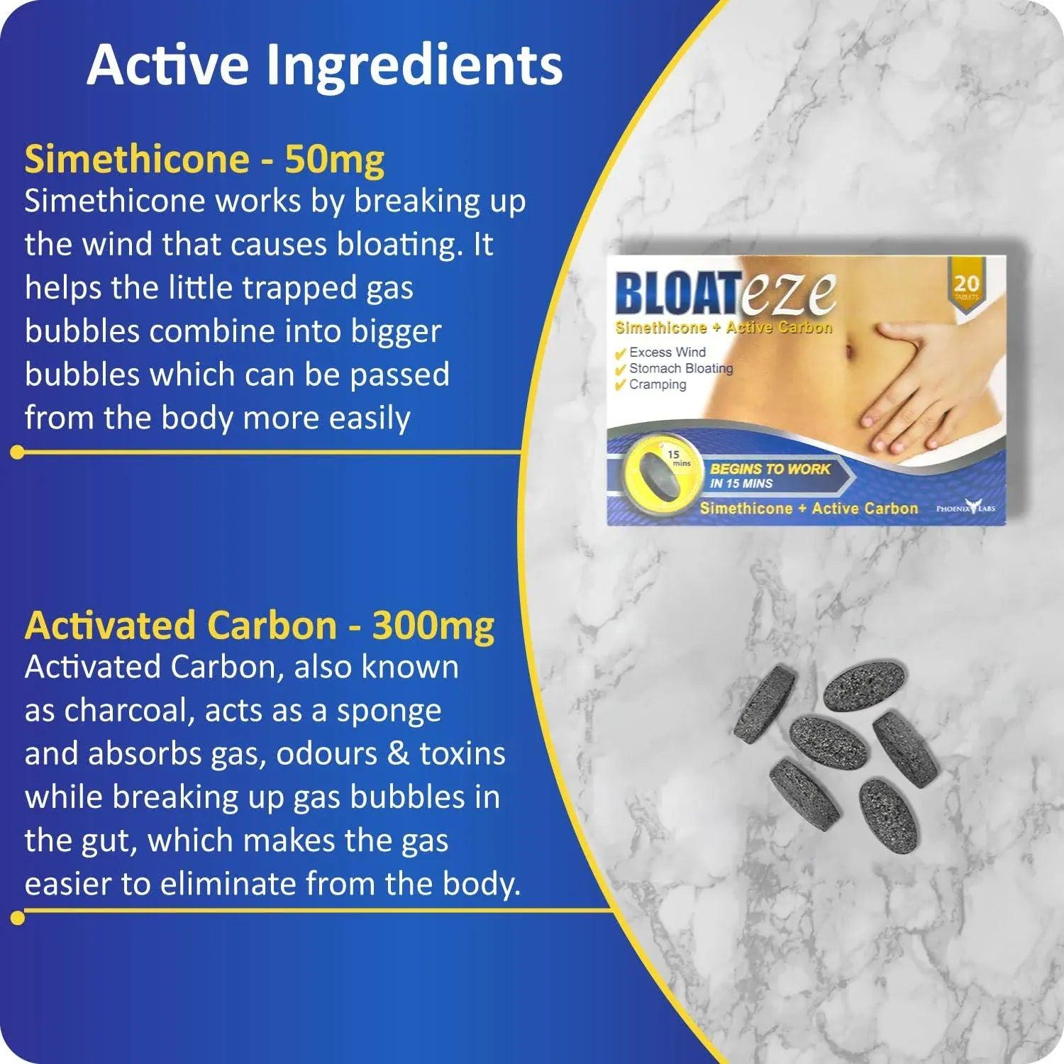 Bloateze 20 Tablets - Relieves Bloating, Excess Wind, Stomach Bloating, Cramping in 15 mins - Simethicone + Active Carbon