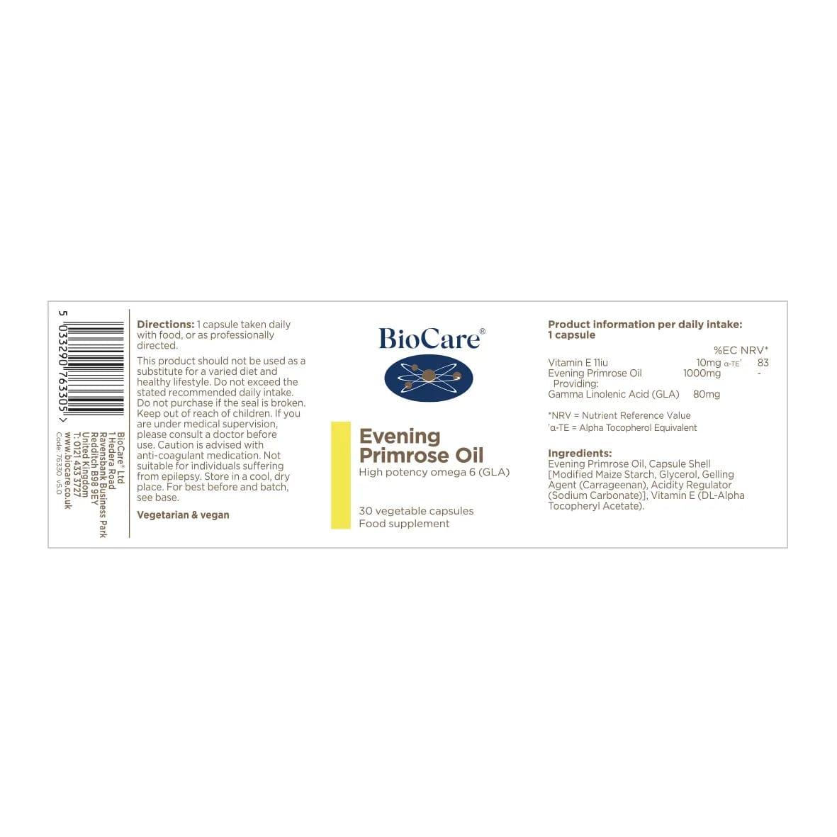 BioCare Evening Primrose Oil 30 Capsules for Hormonal Balance & Skin Health