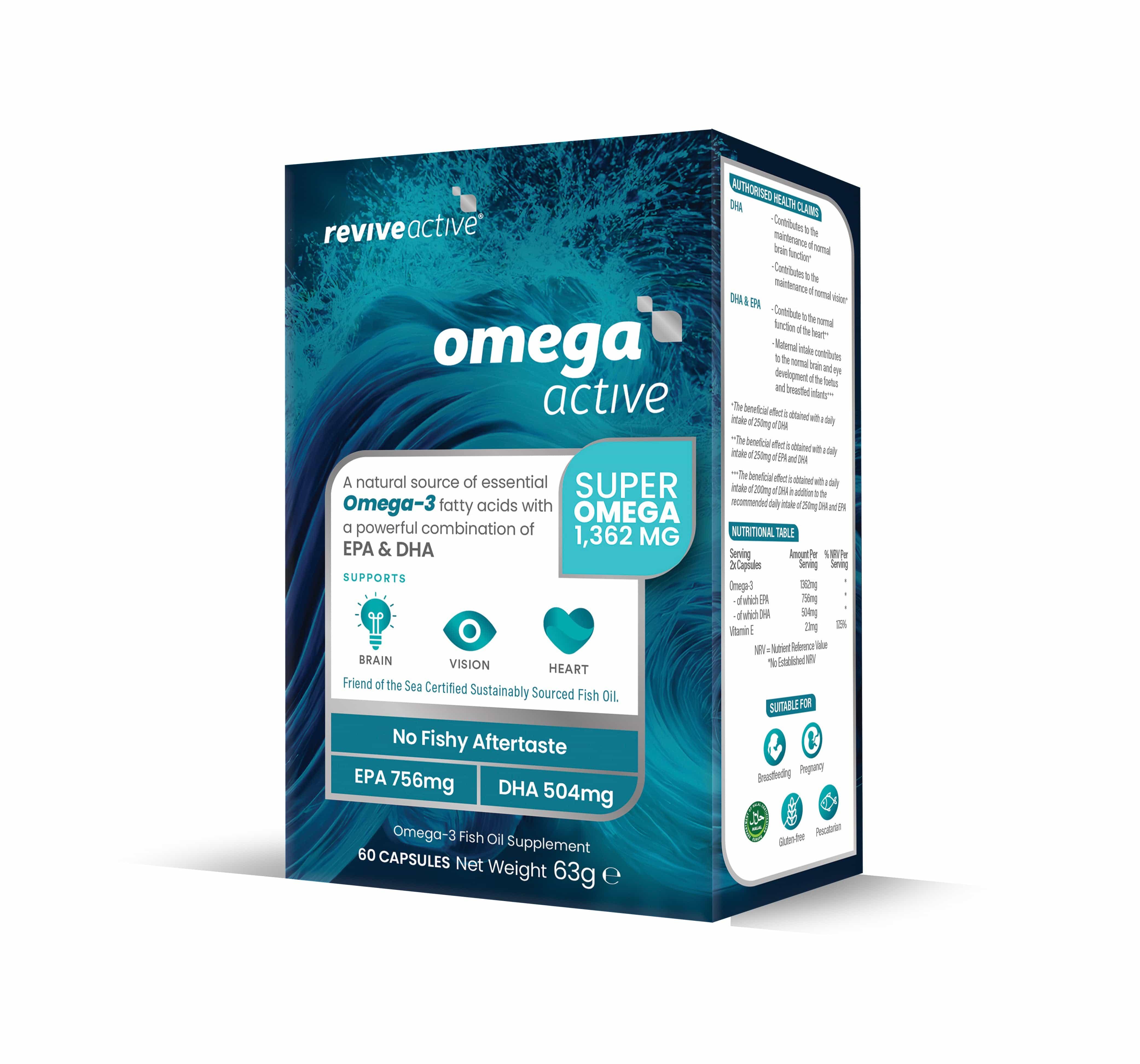 Revive Active Omega Active Omega-3 Fish Oil Supplement 60 Capsules EPA 756mg DHA 504mg Brain Vision Heart
