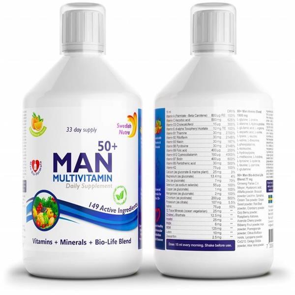 Swedish Nutra Man Active 50+ Multivitamin 500ml - 131 Active Ingredients, Gluten Free, Vegan Friendly