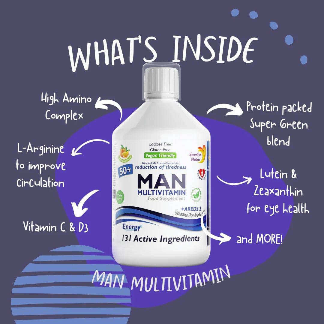 Swedish Nutra Man Active 50+ Multivitamin 500ml - 131 Active Ingredients, Gluten Free, Vegan Friendly
